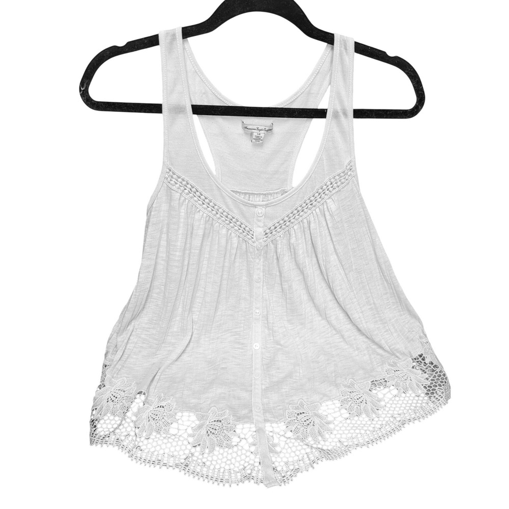 American Eagle Crochet Lace Trim Tank Top Boho Fairy Cottage Large Oat Color